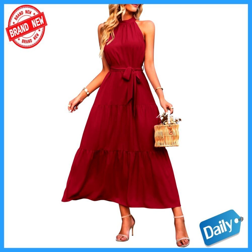 Sleeveless Halter Maxi Dress Flowy Ruffle Hem with Belt Summer Boho